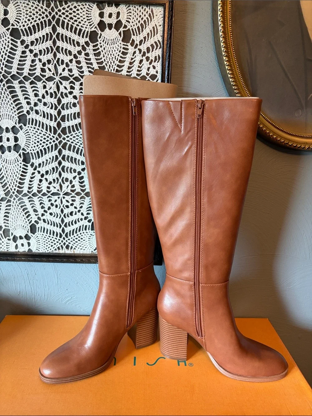 Unisa Tall Tan Brown Leather Block Heel Knee Boots